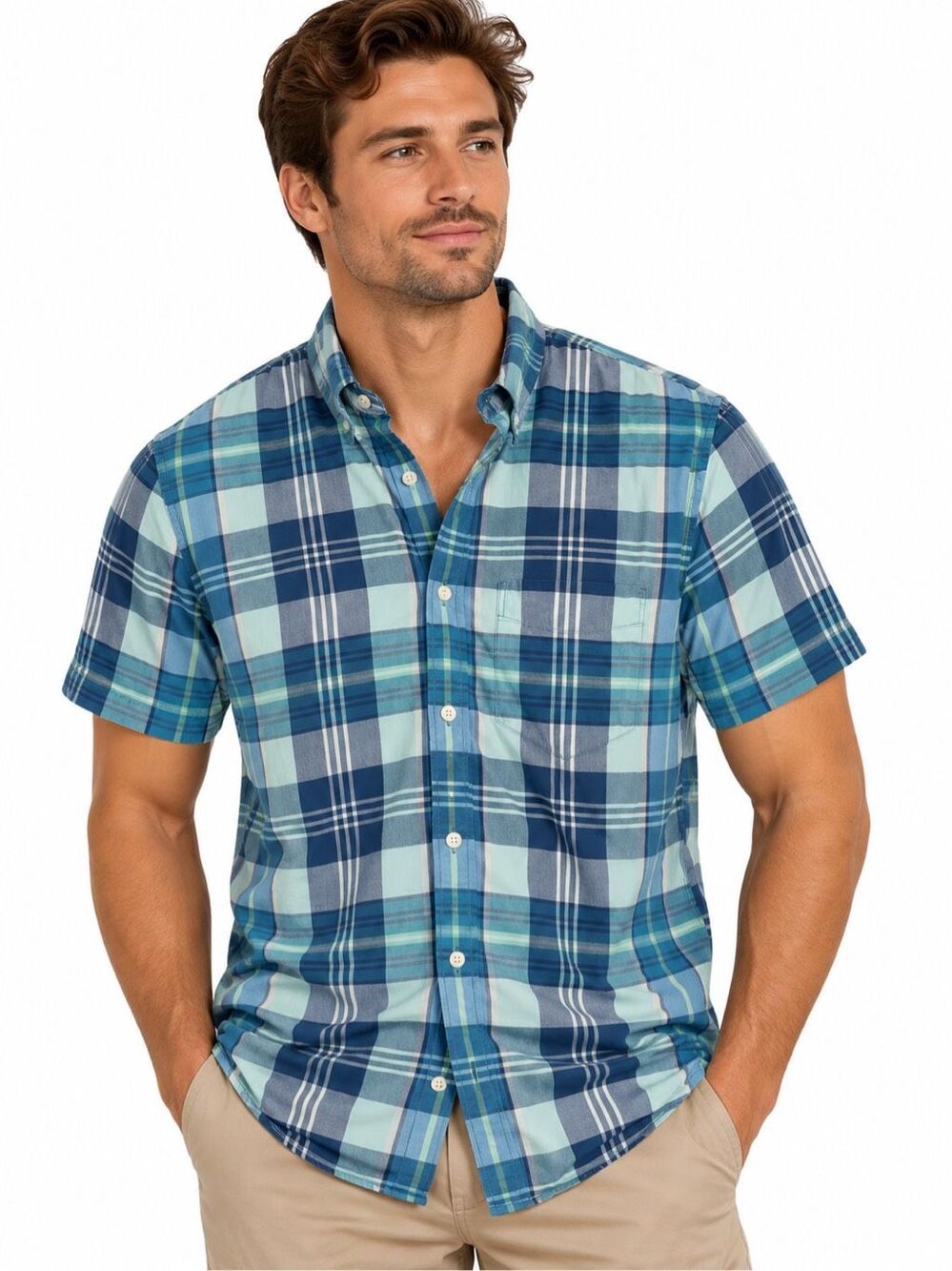 American Eagle Seriously Soft Blue Plaid Short Sleeve Button Down Shirt Small